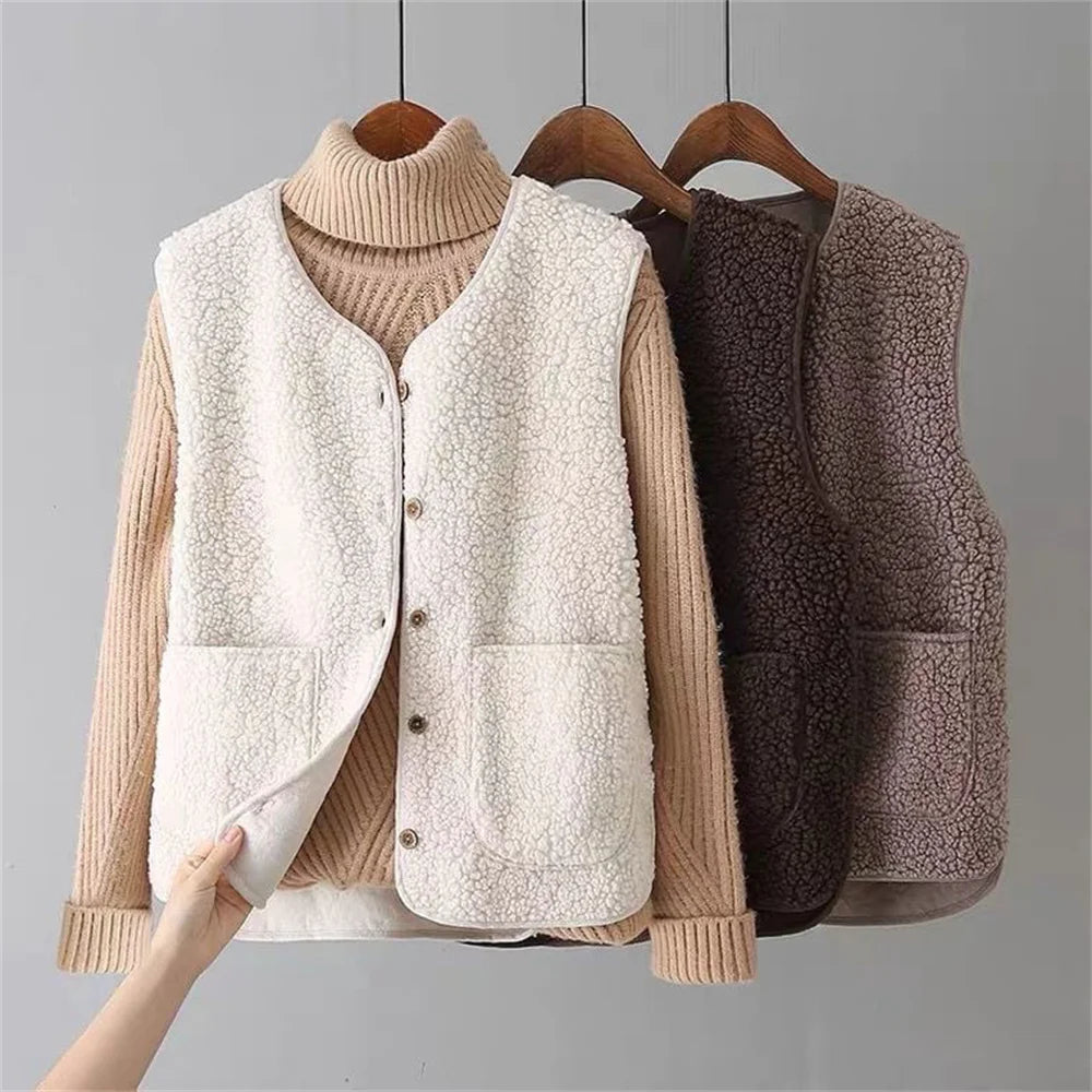 Hazel | Women's Faux Shearling Sleeveless Cardigan Vest with Pockets
