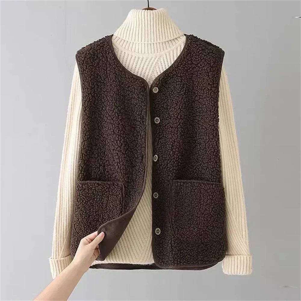 Hazel | Women's Faux Shearling Sleeveless Cardigan Vest with Pockets