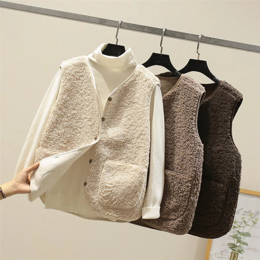 Hazel | Women's Faux Shearling Sleeveless Cardigan Vest with Pockets