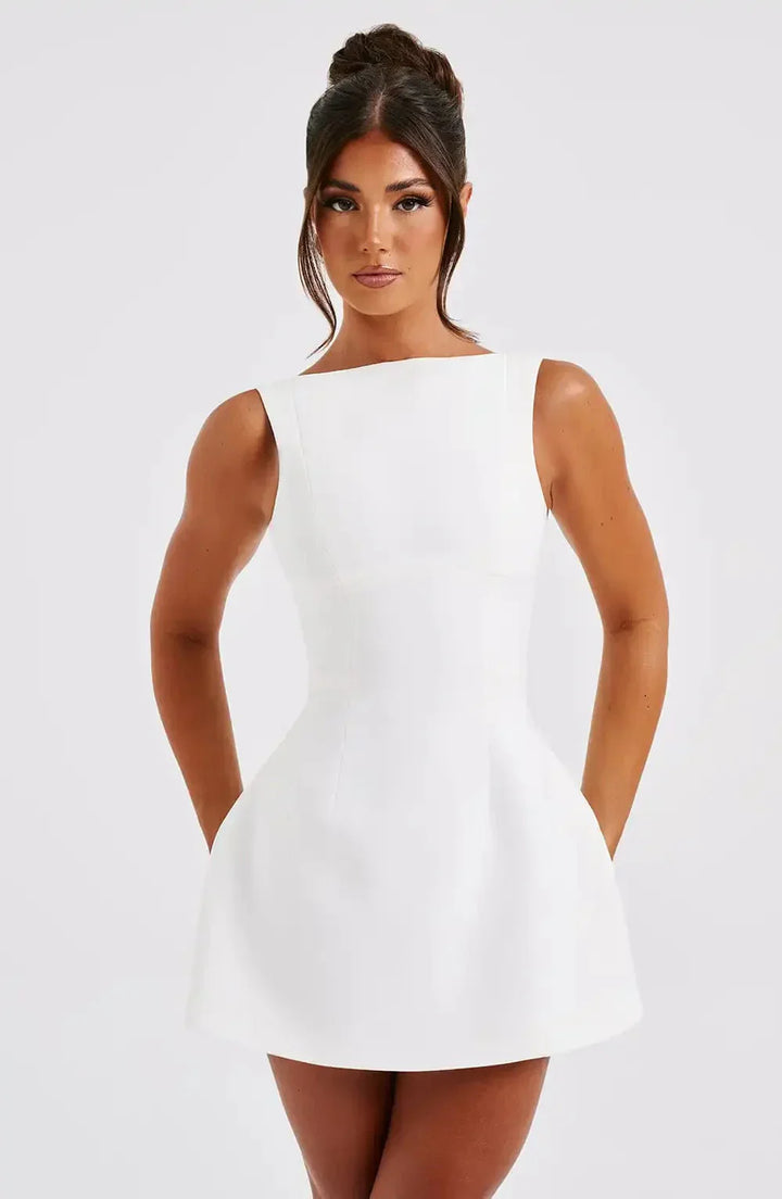 boat neck fit and flare dress in white White Fit and Flare Linen Cotton Dress with Boat Neck and Seam Pockets