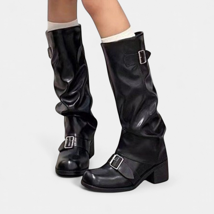 Harlow | Women's PU Leather Slouch Knee High Boots with Buckle Block Heel