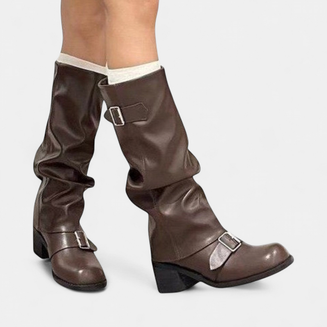 Harlow | Women's PU Leather Slouch Knee High Boots with Buckle Block Heel