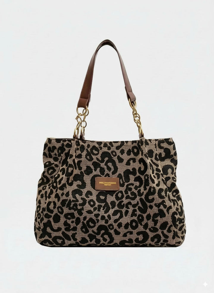 Leopard Print Woven Jacquard Gold Chain Shoulder Tote Bag