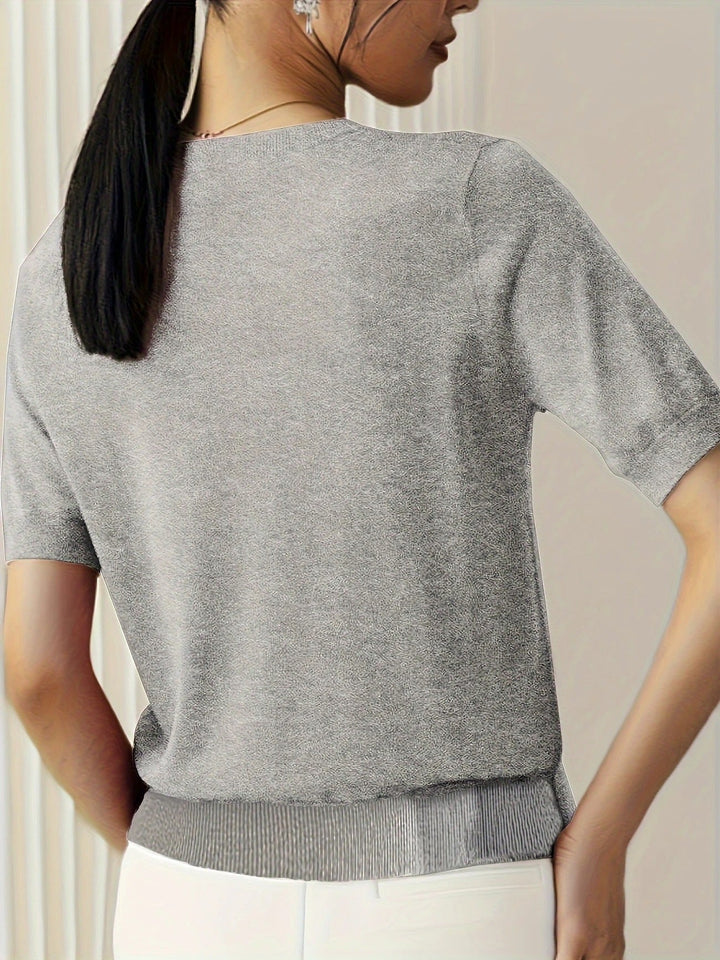 Crew Neck Ribbed Hem Short Sleeve Knit Tee