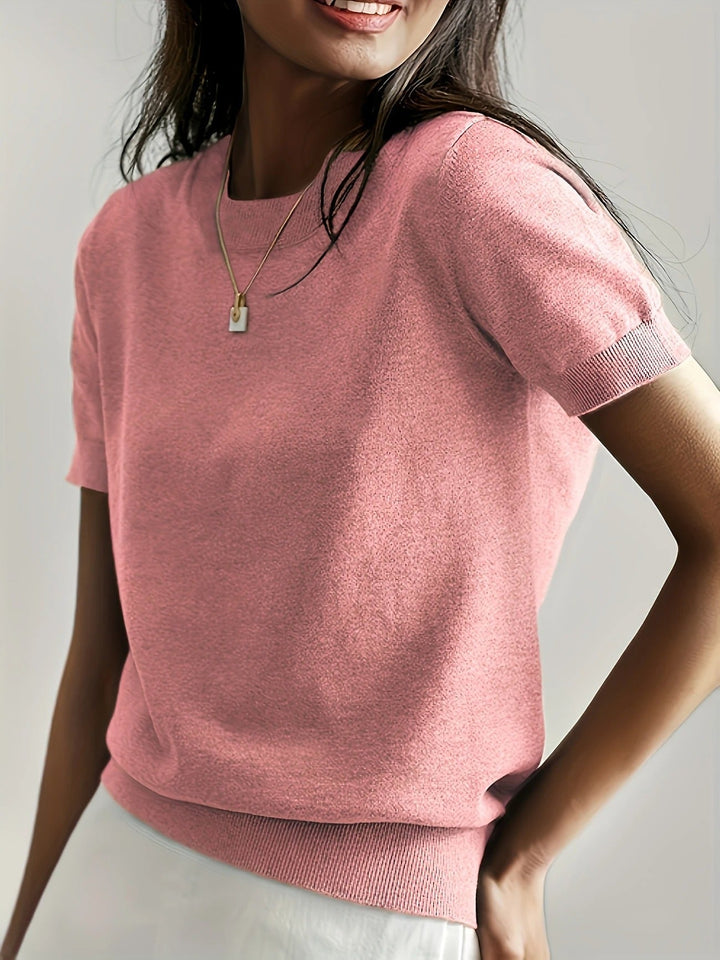 Crew Neck Ribbed Hem Short Sleeve Knit Tee