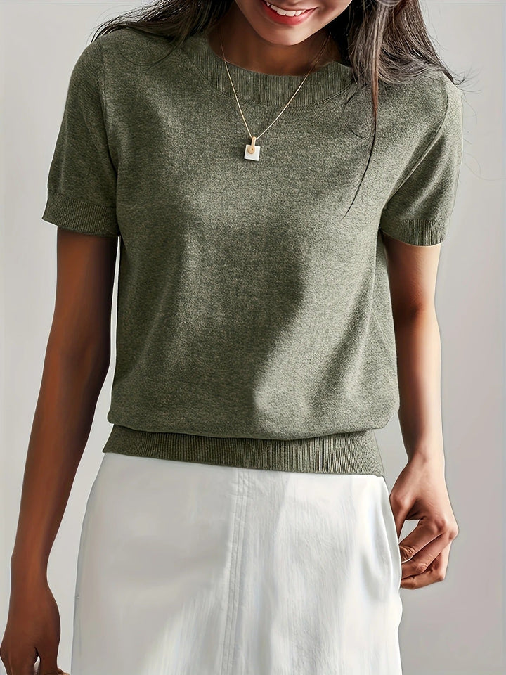 Crew Neck Ribbed Hem Short Sleeve Knit Tee