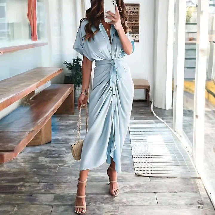 Ruched Tie Waist Button Front Collared Midi Dress