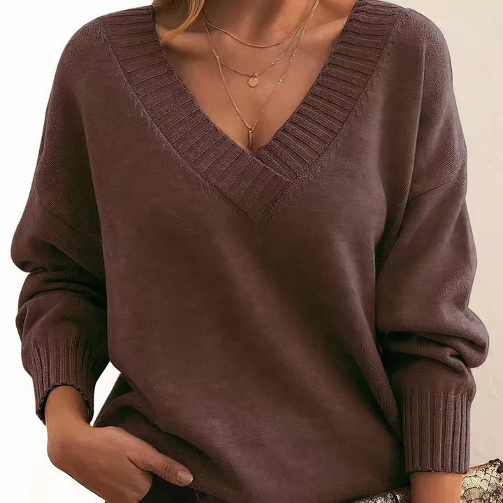 Adeline | Women's Deep V-Neck Ribbed Collar Sweater