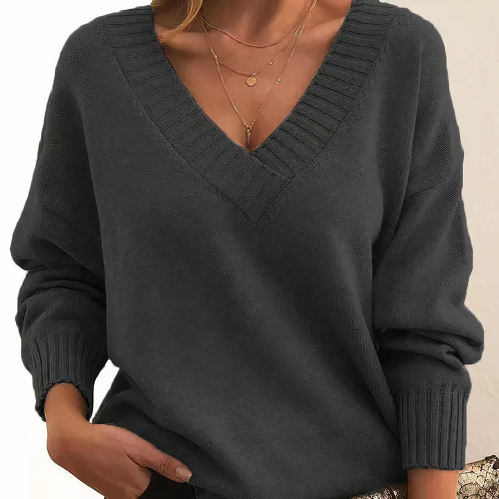 Adeline | Women's Deep V-Neck Ribbed Collar Sweater