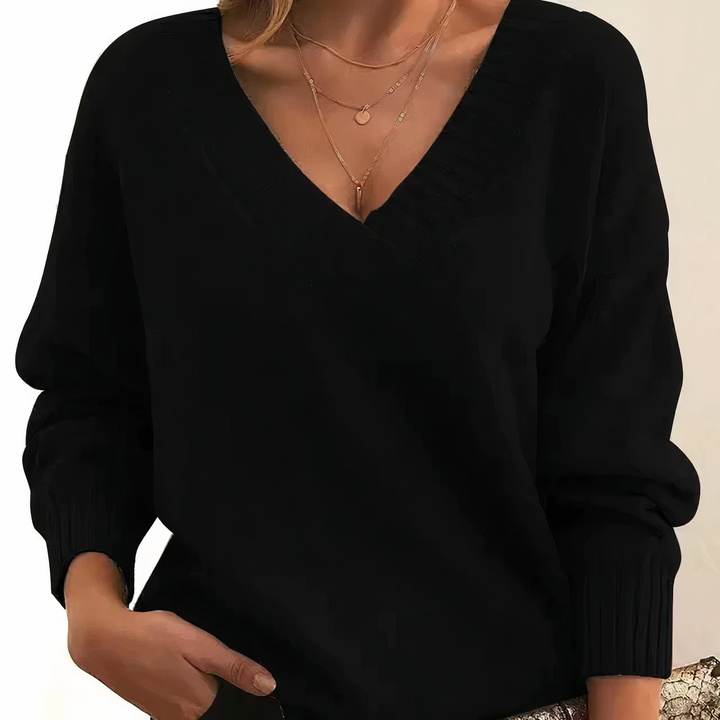 Adeline | Women's Deep V-Neck Ribbed Collar Sweater