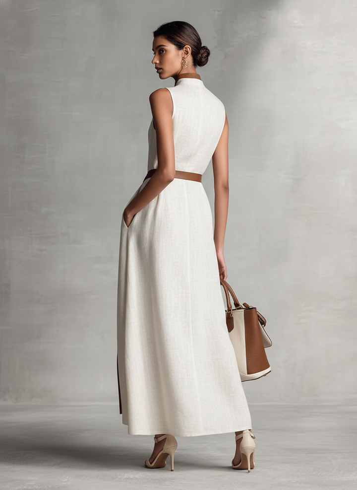 Contrast Trim V Neck Sleeveless A Line Linen Maxi Dress - Wedding Guest