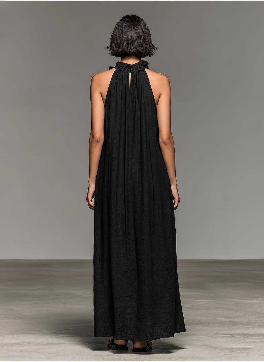 Ruffle Trim Halter Neck Sleeveless Linen Maxi Dress