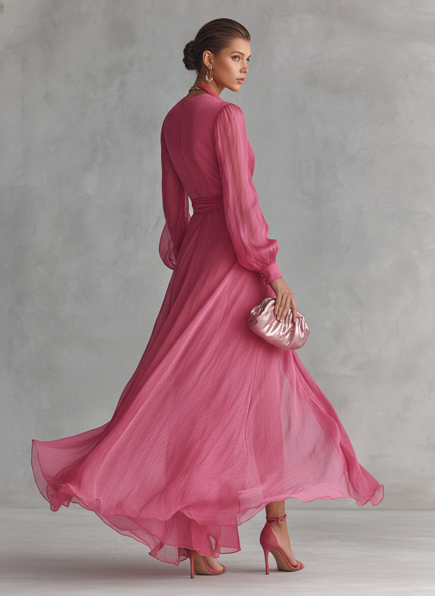 Draped Wrap V Neck Tie Waist Chiffon Maxi Dress - Wedding Guest