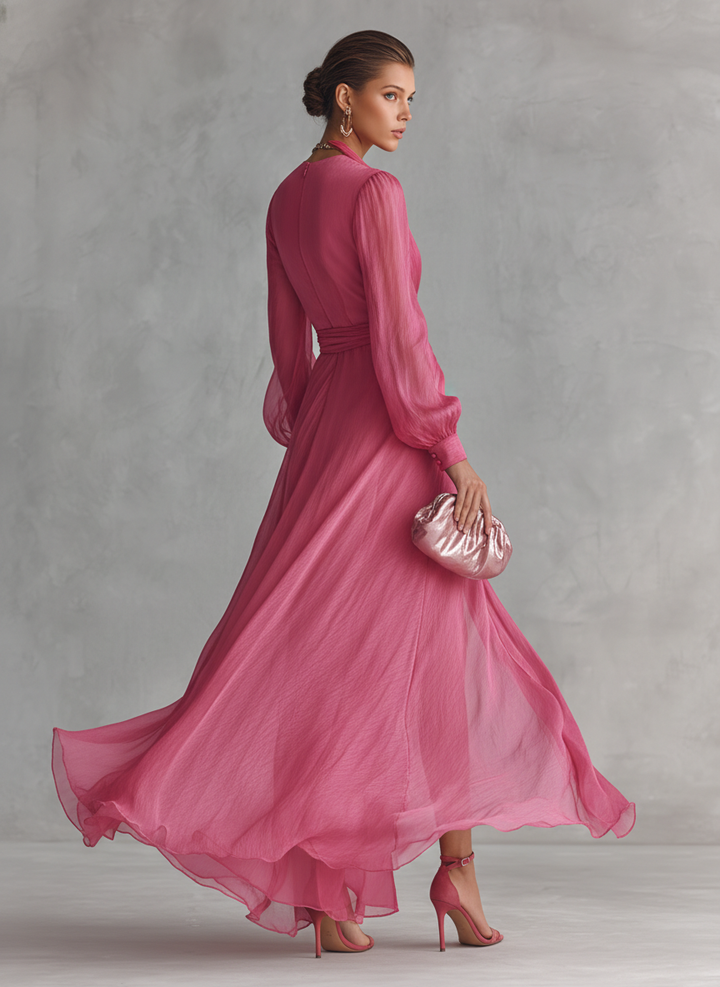 Draped Wrap V Neck Tie Waist Chiffon Maxi Dress - Wedding Guest