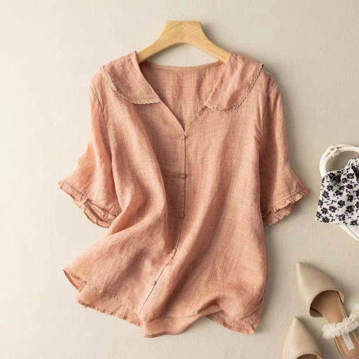 Linen Peter Pan Collar Puff Sleeve Button Down Casual Blouse