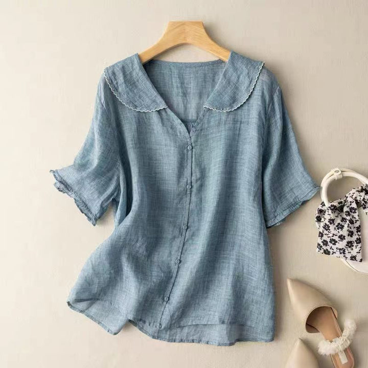 Linen Peter Pan Collar Puff Sleeve Button Down Casual Blouse