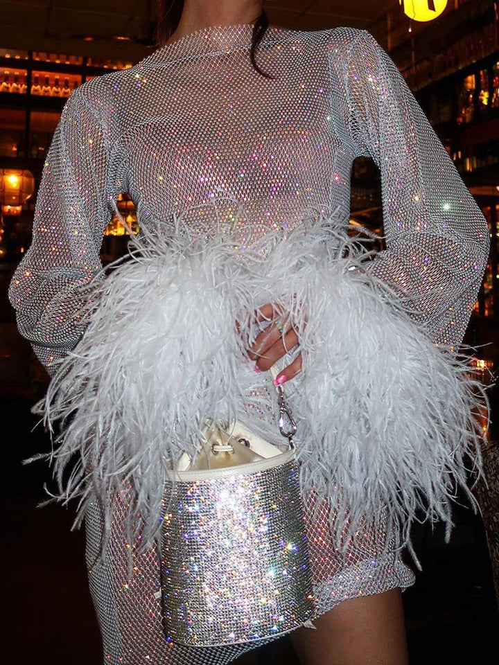 Sequin Feather Cuff Long Sleeve Mini Dress - Cocktail Party