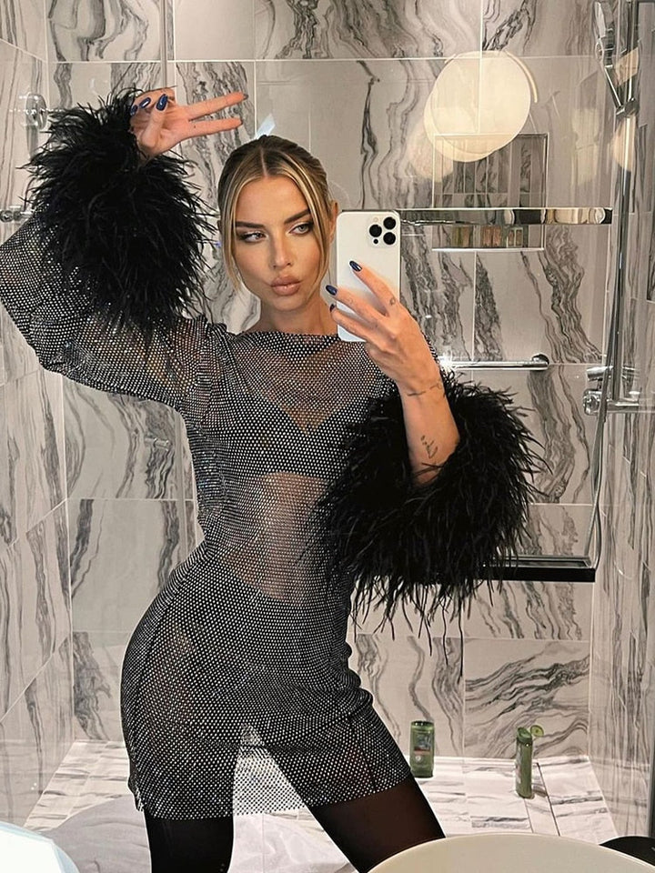 Sequin Feather Cuff Long Sleeve Mini Dress - Cocktail Party