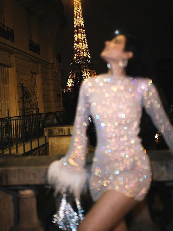 Sequin Feather Cuff Long Sleeve Mini Dress - Cocktail Party