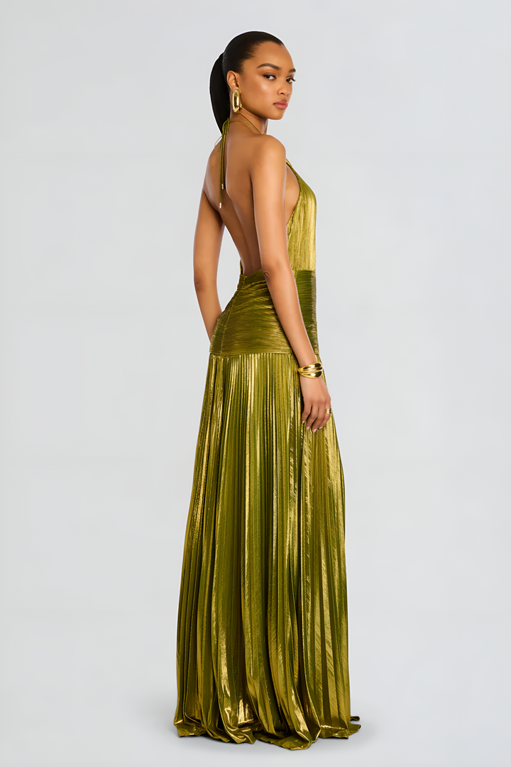 Metallic Pleated Halter Neck Split Maxi Dress - Formal Evening Gown