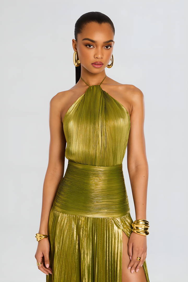 Metallic Pleated Halter Neck Split Maxi Dress - Formal Evening Gown