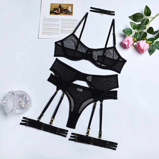 Midnight Temptation Sheer Lingerie Set – 4-Piece