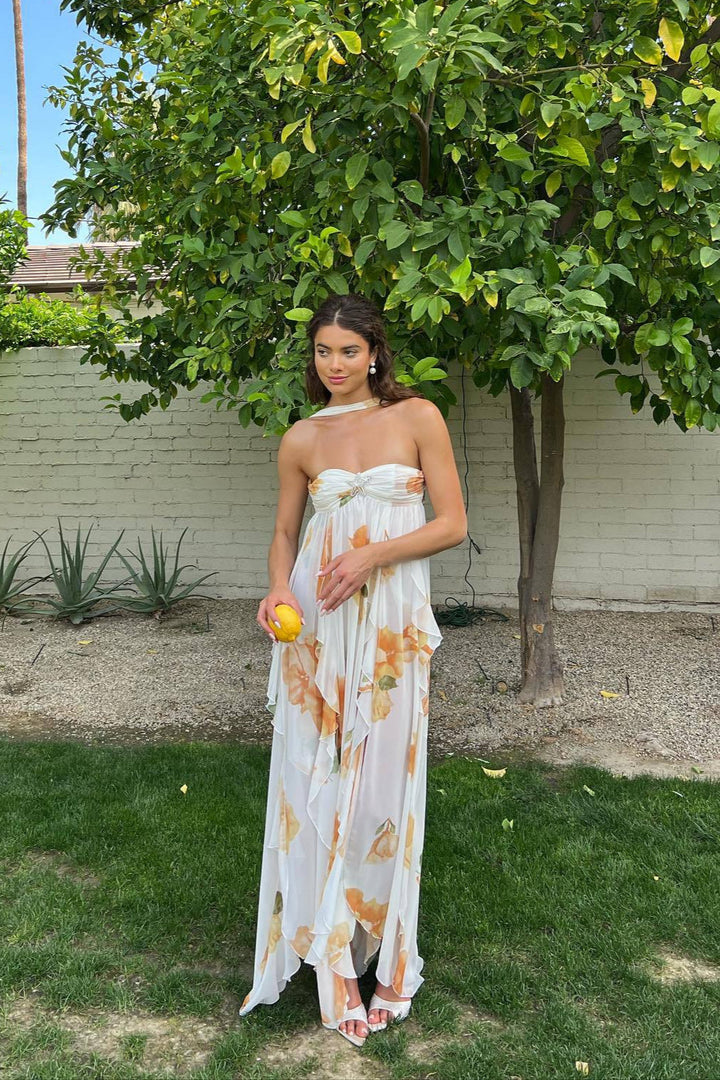 Floral Chiffon Halter Neck Ruched Bust Tiered Maxi Dress - Wedding Guest