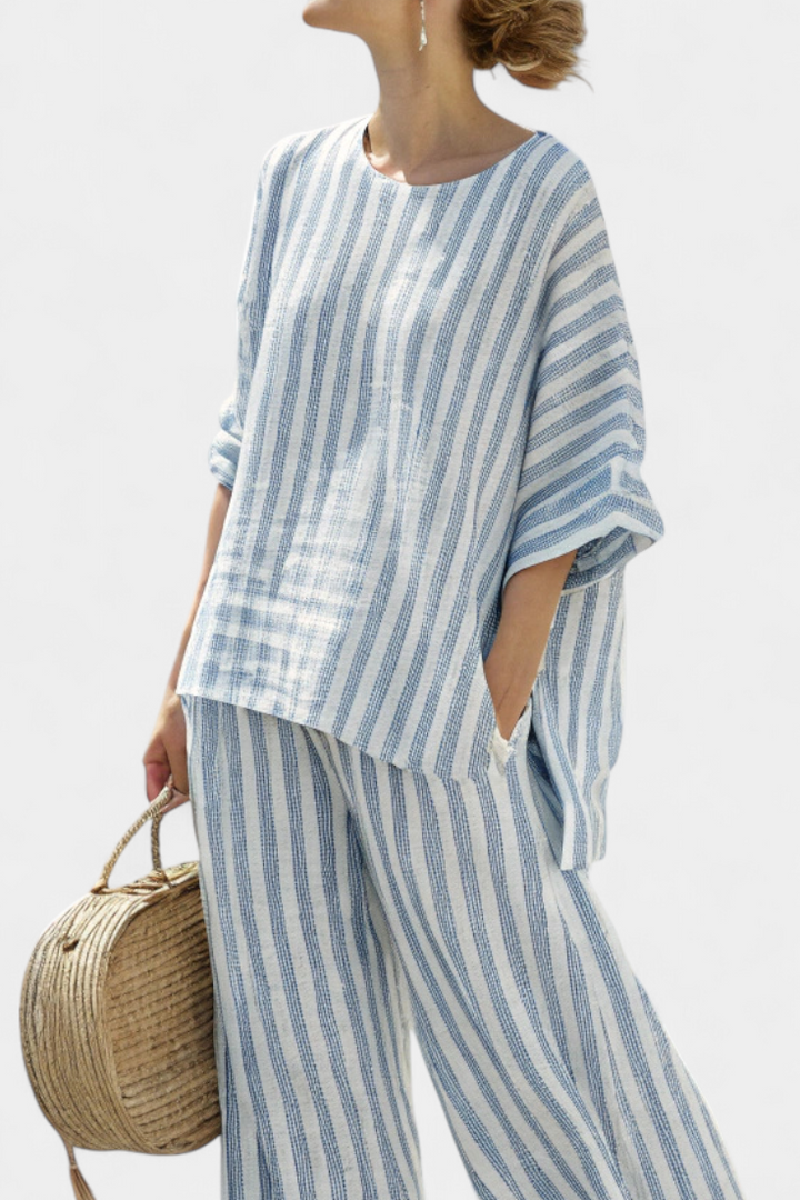 Striped Oversized Batwing Top Wide Leg Linen Pant Set
