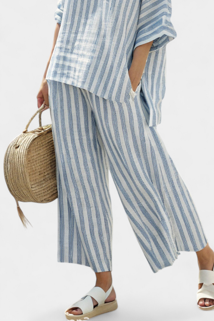 Striped Oversized Batwing Top Wide Leg Linen Pant Set