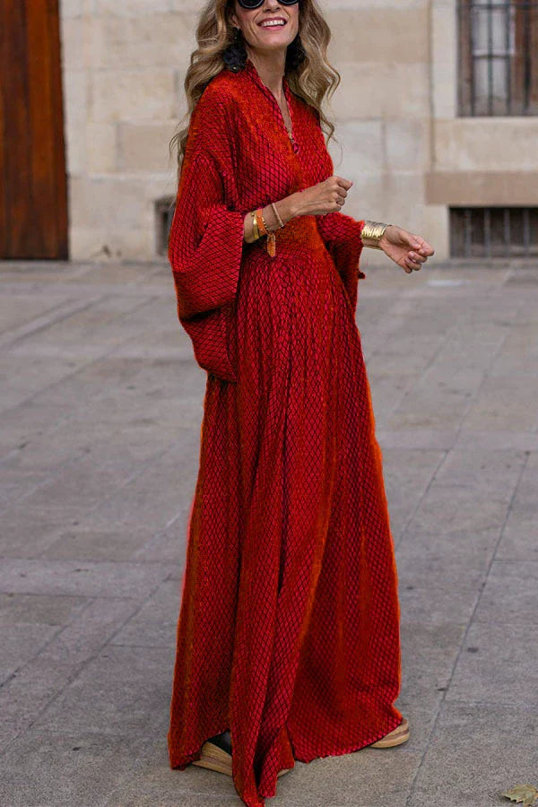 Geometric Print V Neck Long Sleeve Flowy Maxi Dress