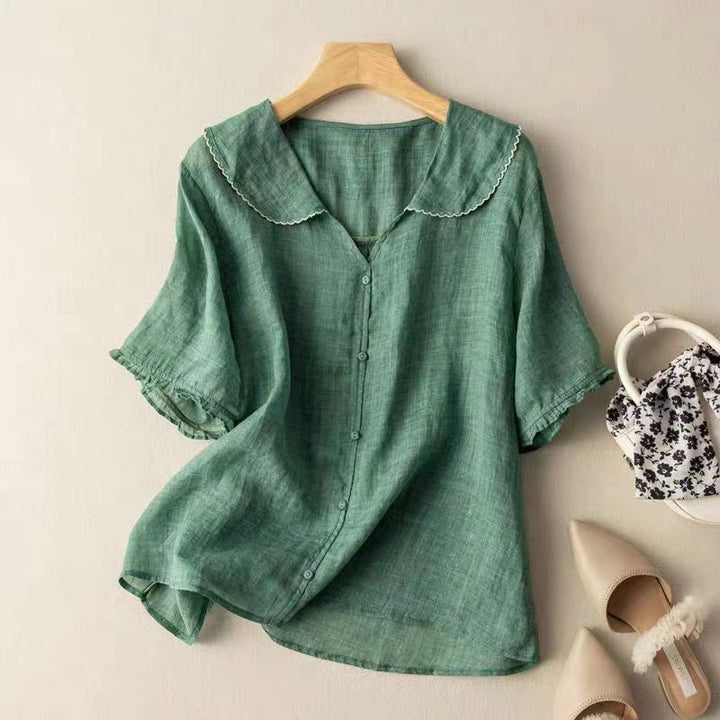 Linen Peter Pan Collar Puff Sleeve Button Down Casual Blouse