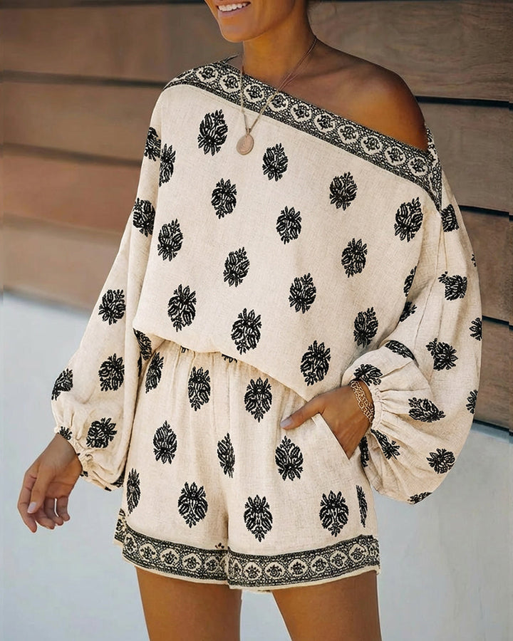 Paisley Print Off Shoulder Flare Sleeve Boho Two Piece Set