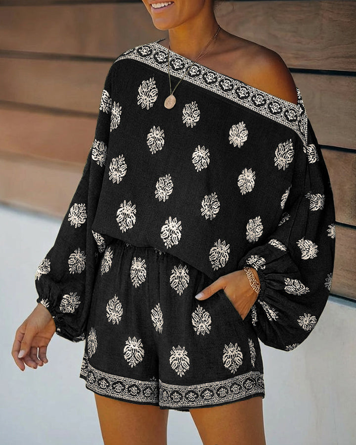 Paisley Print Off Shoulder Flare Sleeve Boho Two Piece Set