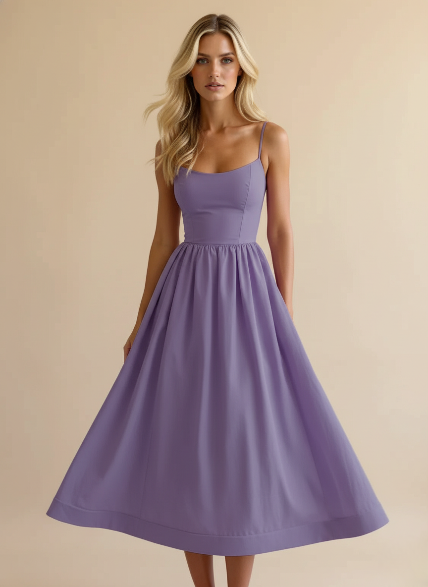 Spaghetti Strap Scoop Neck Fit Flare Cotton Midi Dress