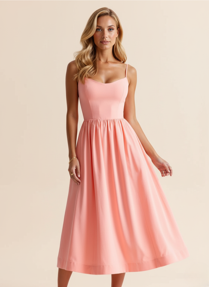 Spaghetti Strap Scoop Neck Fit Flare Cotton Midi Dress