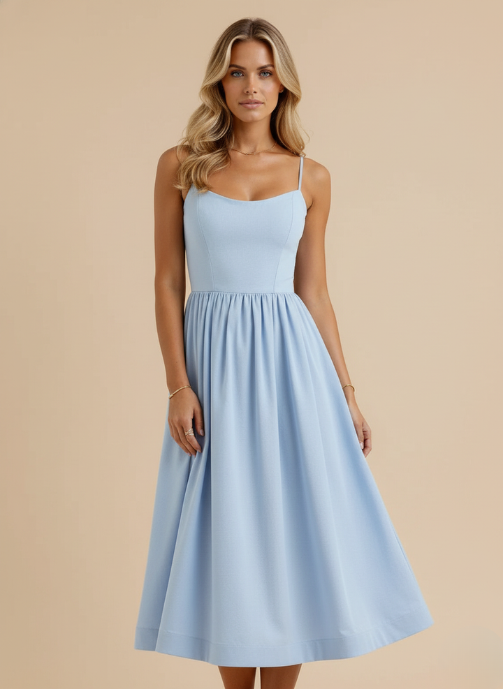 Spaghetti Strap Scoop Neck Fit Flare Cotton Midi Dress