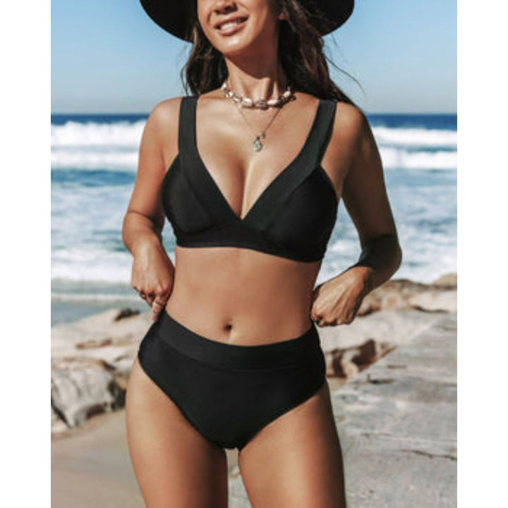 Wrap V-Neck High Waist Plain Bikini Set