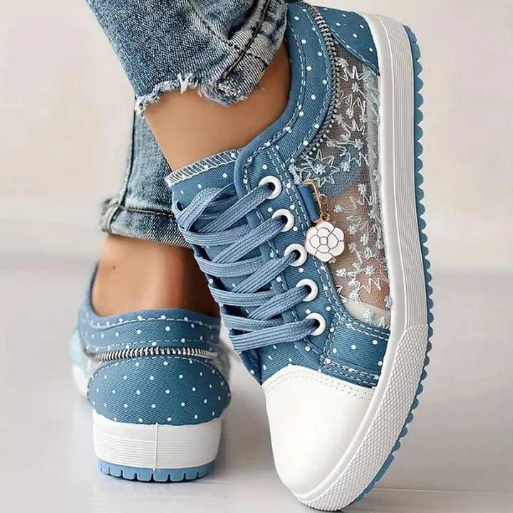 Floral Embroidered Mesh Zip Detail Lace Up Platform Sneakers
