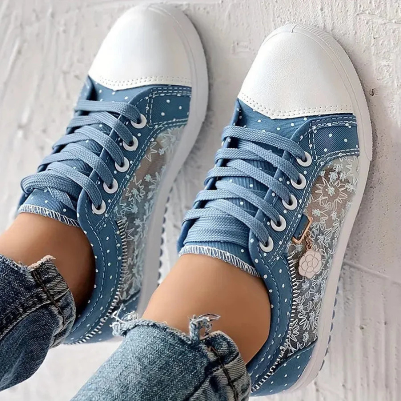 Floral Embroidered Mesh Zip Detail Lace Up Platform Sneakers