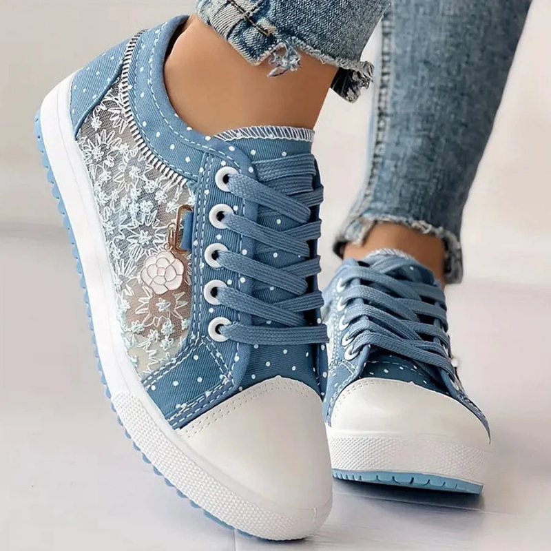 Floral Embroidered Mesh Zip Detail Lace Up Platform Sneakers