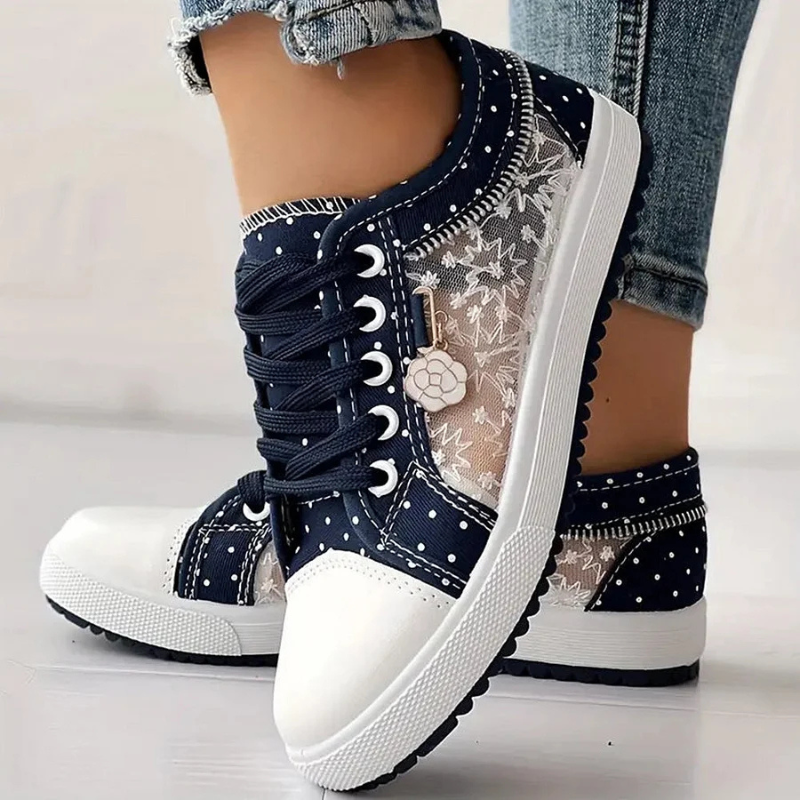 Floral Embroidered Mesh Zip Detail Lace Up Platform Sneakers