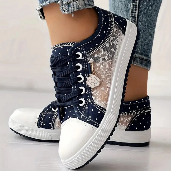 Floral Embroidered Mesh Zip Detail Lace Up Platform Sneakers