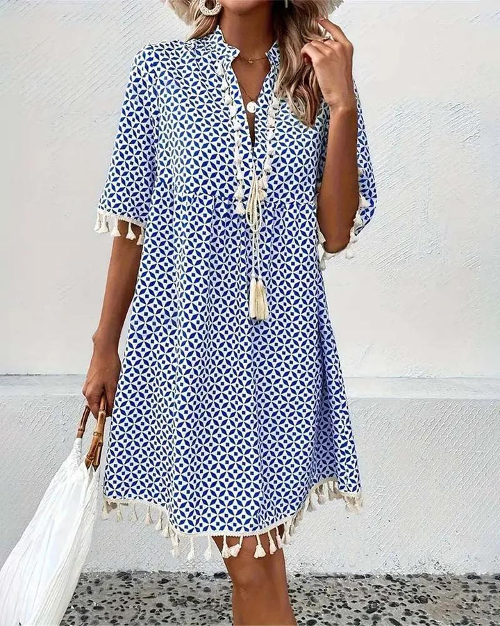 Geometric Print Tassel Tie Neck Half Sleeve Casual Mini Dress