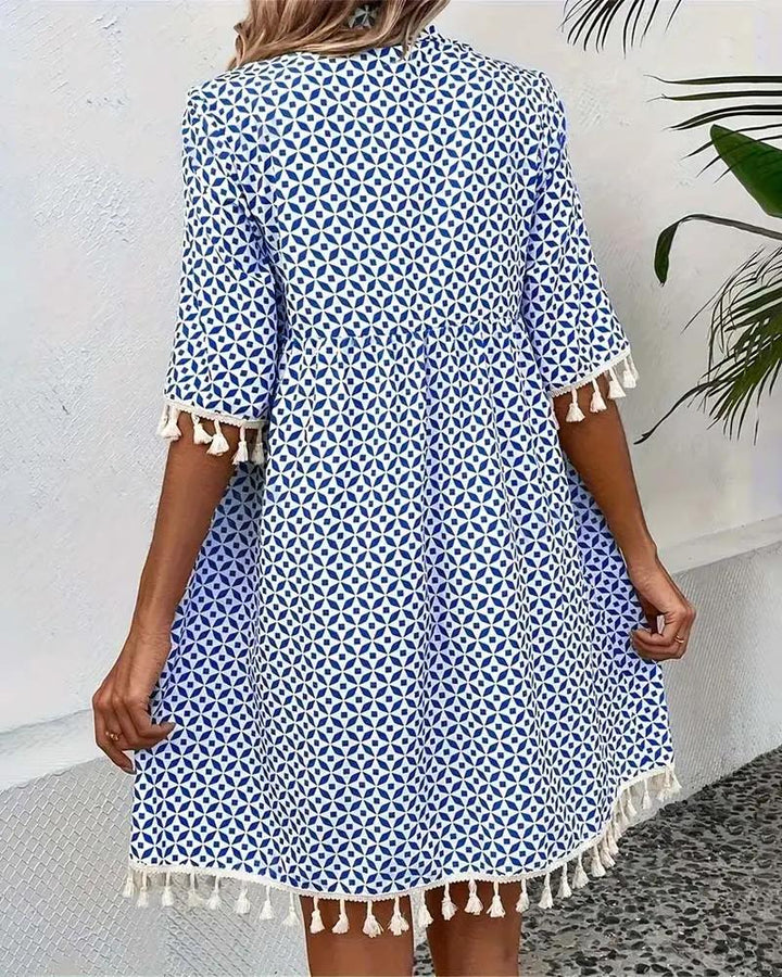 Geometric Print Tassel Tie Neck Half Sleeve Casual Mini Dress