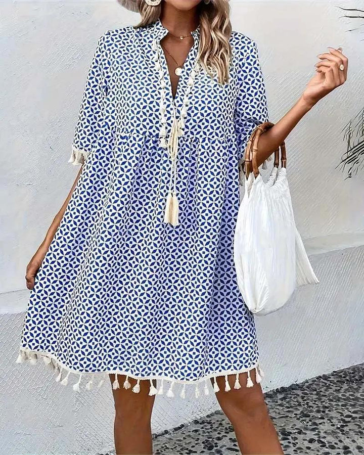 Geometric Print Tassel Tie Neck Half Sleeve Casual Mini Dress