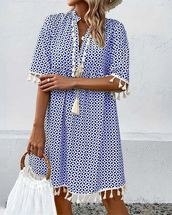 Geometric Print Tassel Tie Neck Half Sleeve Casual Mini Dress