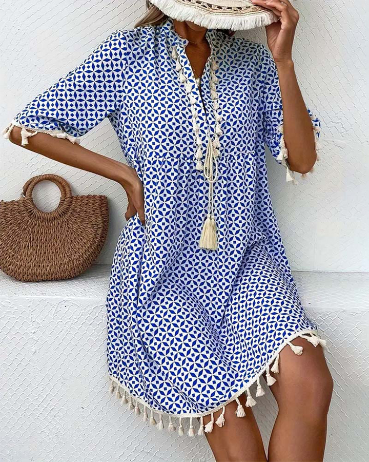 Geometric Print Tassel Tie Neck Half Sleeve Casual Mini Dress