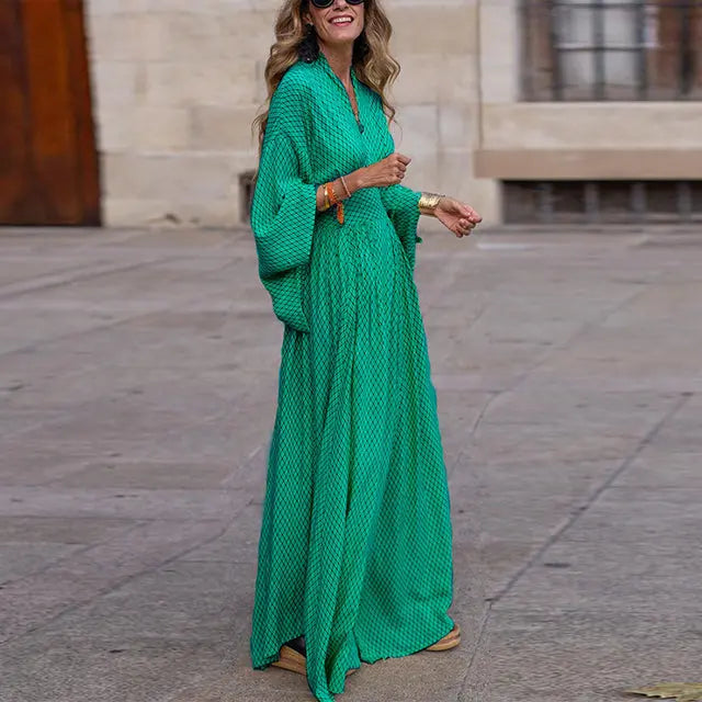 Geometric Print V Neck Long Sleeve Flowy Maxi Dress