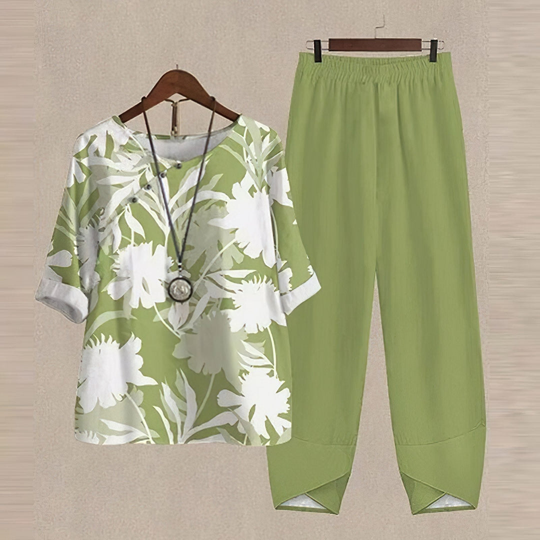 Botanical Print Wide Leg Two Piece Set for Casual Style