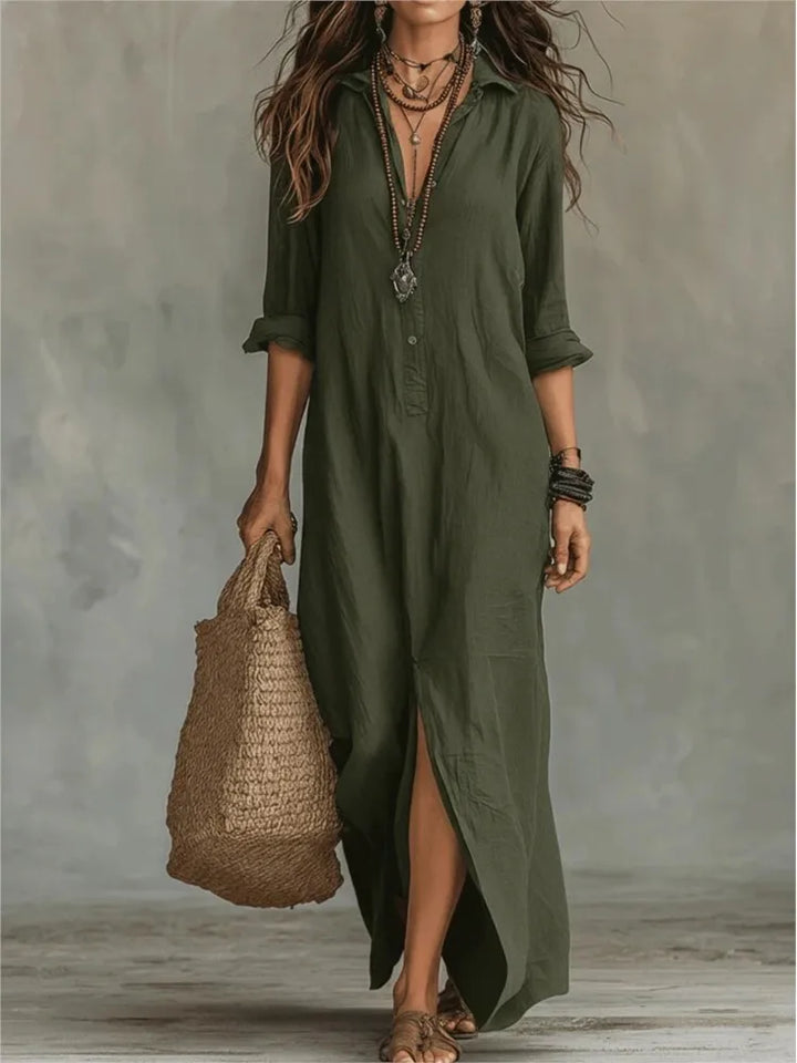Linen Collared Button Split Hem Casual Maxi Dress